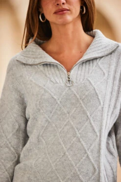 Light Grey Half Zip Cable Knit Jumper -Winter Fashion Shop web 2308 102 s22bd090gy0016 s23tk701gy0003 102 187 1