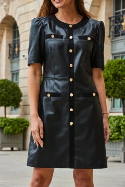 Black Faux Leather Button Front Pocket Detail Shift Dress 14 Black Faux Leather Button Front Pocket Detail Shift Dress -Winter Fashion Shop web 2308 105 a23dp021bk0001 105 166