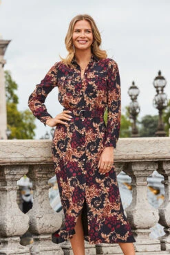 Black Baroque Print Belted Maxi Shirt Dress -Winter Fashion Shop web 2308 107 a23dw034bkan01 107 065