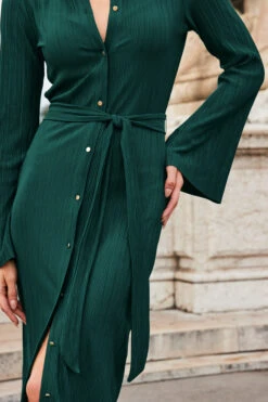 Dark Green Plisse Flared Sleeve Shirt Jersey Dress -Winter Fashion Shop web 2308 133 s23dj250gn0001 133 231 rt