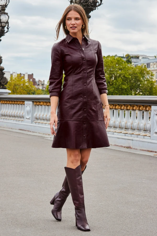 Burgundy Fluted Hem Leather Dress 3 Burgundy Fluted Hem Leather Dress