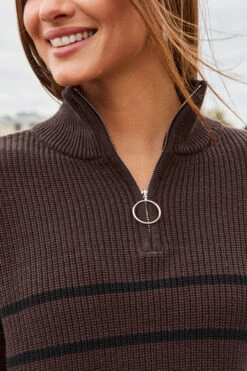 Mocha & Black Stripe Half Zip Jumper -Winter Fashion Shop web 2308 19 s22tk502nlbk03 s23bp001bn0003 19 305 rt