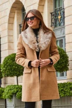 Camel Faux Fur Collar Coat -Winter Fashion Shop web 2308 55 a23ow016bn0002 55 134
