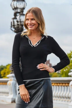 Black & White Contrast Trim Fine Knit Collared Jumper -Winter Fashion Shop web 2308 64 s23sp006bk0001 a23tk157bk0001 64 514