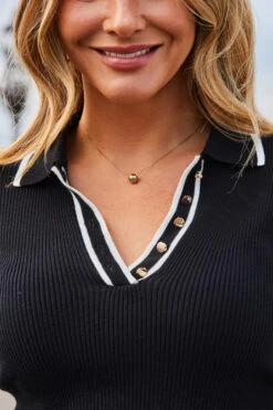 Black & White Contrast Trim Fine Knit Collared Jumper -Winter Fashion Shop web 2308 64 s23sp006bk0001 a23tk157bk0001 64 535