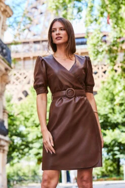 Chocolate Brown Faux Leather Belted Wrap Dress -Winter Fashion Shop web 2308 93 a23dp002pt0004 93 249
