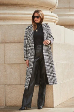 Black & White Dogtooth Print Longline Coat -Winter Fashion Shop web 2309 103 a23ow017bkwe01 s23bp006bk0001 103 027