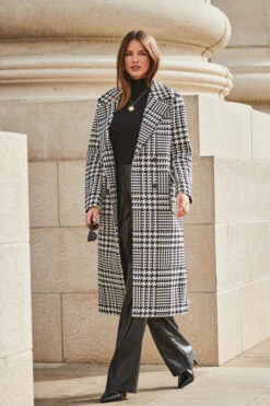 Black & White Dogtooth Print Longline Coat -Winter Fashion Shop web 2309 103 a23ow017bkwe01 s23bp006bk0001 103 085