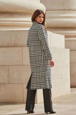 Black & White Dogtooth Print Longline Coat -Winter Fashion Shop web 2309 103 a23ow017bkwe01 s23bp006bk0001 103 248