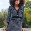 Black Geometric Print Gold Button Detail Knitted Dress