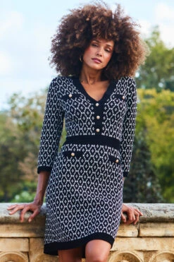 Black Geometric Print Gold Button Detail Knitted Dress