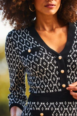 Black Geometric Print Gold Button Detail Knitted Dress 11 Black Geometric Print Gold Button Detail Knitted Dress -Winter Fashion Shop web 2309 104 a23dk250bk0001 104 304