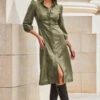 Khaki Green Faux Leather Popper Front Shirt Dress