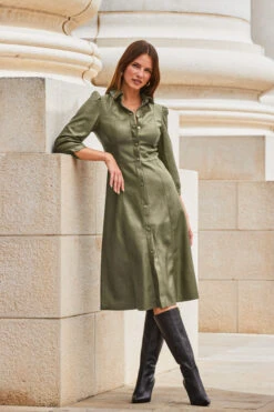 Khaki Green Faux Leather Popper Front Shirt Dress -Winter Fashion Shop web 2309 114 a20dp004gn0002 114 072 rc
