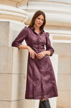Burgundy Faux Leather Popper Front Shirt Dress -Winter Fashion Shop web 2309 114 a20dp004rd0004 114 078 rc