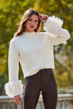 Cream Cable High Neck Faux Fur Cuff Jumper -Winter Fashion Shop web 2309 115 a23tk199nl0001 a22bl004pt0004 115 053