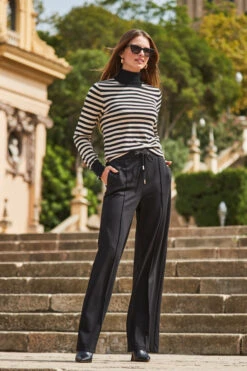 Black & Cream Stripe Print Roll Neck Gold Zip Detail Jumper -Winter Fashion Shop web 2309 117 a20tk008bkwe01 117 018