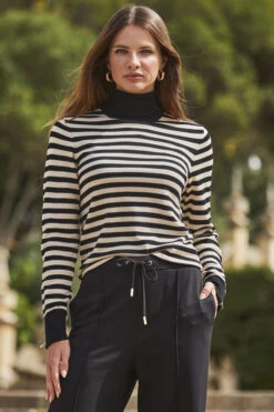 Black & Cream Stripe Print Roll Neck Gold Zip Detail Jumper -Winter Fashion Shop web 2309 117 a20tk008bkwe01 117 058 2