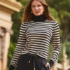 Black & Cream Stripe Print Roll Neck Gold Zip Detail Jumper