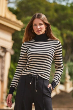 Black & Cream Stripe Print Roll Neck Gold Zip Detail Jumper