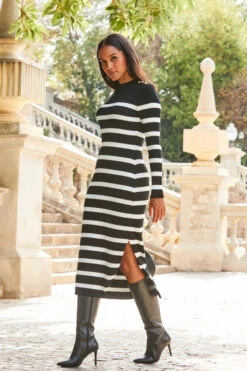 Black & White Stripe Button Detail Rib Knit Midi Dress -Winter Fashion Shop web 2309 119 a23dk105bknl01 119 052