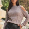 Taupe Cable Knit Cut Out Shoulder Jumper -Winter Fashion Shop web 2309 125 a23tk198bn0003 125 078 2