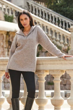 Natural Rib Knit Half Zip Longline Jumper -Winter Fashion Shop web 2309 127 a23tk261bn0024 127 024