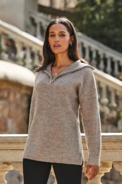 Natural Rib Knit Half Zip Longline Jumper -Winter Fashion Shop web 2309 127 a23tk261bn0024 127 097