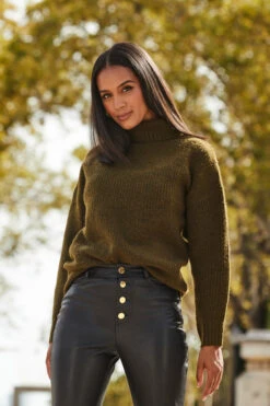 Khaki Green Chevron Roll Neck Ribbed Jumper -Winter Fashion Shop web 2309 128 a22tk484gn0002 128 197