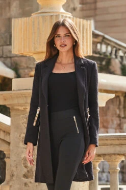 Black Boucle Coat With Gold Belt Detail -Winter Fashion Shop web 2309 130 a23ow007bk0001 130 038