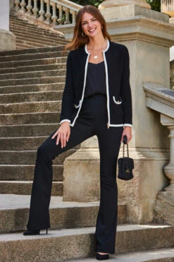 Black Contrast Trim Zip Cardigan With Pockets -Winter Fashion Shop web 2309 135 s23tk942bk0001 135 092