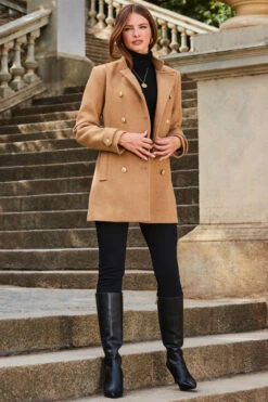 Camel Coat With Gold Button Detail -Winter Fashion Shop web 2309 140 a23ow002bn0002 140 072