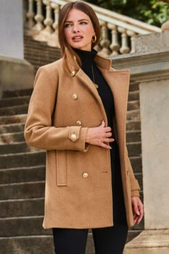 Camel Coat With Gold Button Detail -Winter Fashion Shop web 2309 140 a23ow002bn0002 140 092