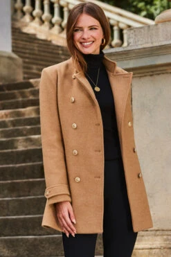 Camel Coat With Gold Button Detail -Winter Fashion Shop web 2309 140 a23ow002bn0002 140 106