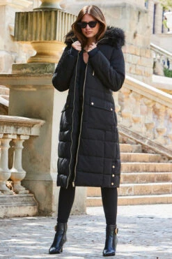 Black Longline Padded Coat With Faux Fur Hood -Winter Fashion Shop web 2309 141 a23ow021bk0001 141 036