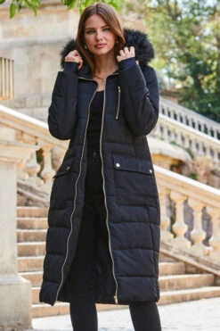 Black Longline Padded Coat With Faux Fur Hood -Winter Fashion Shop web 2309 141 a23ow021bk0001 141 177