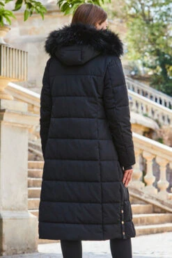 Black Longline Padded Coat With Faux Fur Hood -Winter Fashion Shop web 2309 141 a23ow021bk0001 141 232