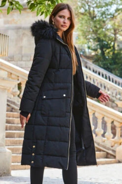 Black Longline Padded Coat With Faux Fur Hood -Winter Fashion Shop web 2309 141 a23ow021bk0001 141 245