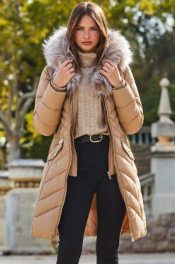 Camel Faux Fur Shawl Collar Padded Coat -Winter Fashion Shop web 2309 143 a23ow008bn0003 s23tk603nl0008 143 192
