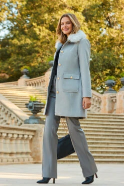 Light Grey Button Detail Coat With Faux Fur Collar