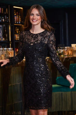 Black Premium Sequin & Lace Feather Cuff Shift Dress