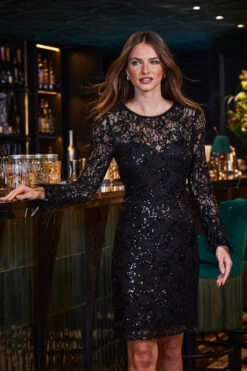 Black Premium Sequin & Lace Feather Cuff Shift Dress -Winter Fashion Shop web 2309 182 a23dw029bk0001 182 106