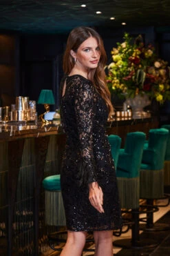 Black Premium Sequin & Lace Feather Cuff Shift Dress -Winter Fashion Shop web 2309 182 a23dw029bk0001 182 151