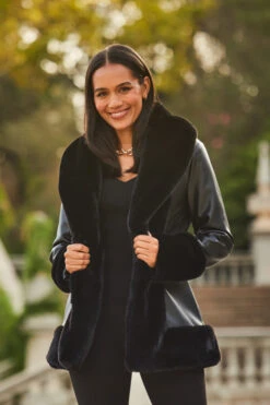 Black Faux Leather Coat With Faux Fur Trim -Winter Fashion Shop web 2309 88 a23op007bk0001 a23bj002bk0001 a20tk001bk0001 88 058