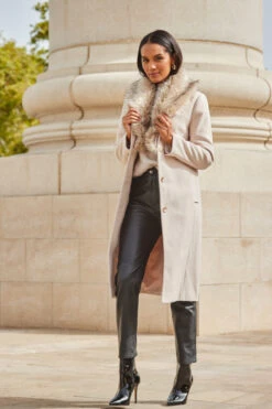 Oatmeal Faux Fur Shawl Collar Longline Coat -Winter Fashion Shop web 2309 91 a23ow030bn0003 a22bl020bk0001 91 095