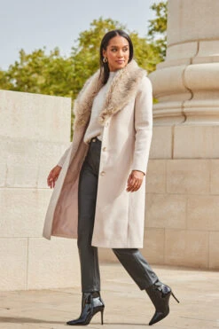 Oatmeal Faux Fur Shawl Collar Longline Coat -Winter Fashion Shop web 2309 91 a23ow030bn0003 a22bl020bk0001 91 135