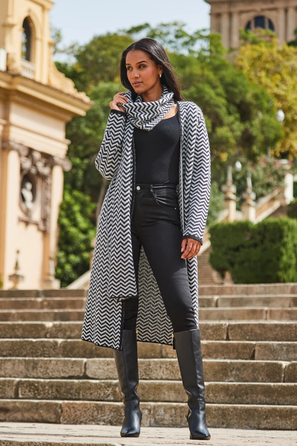 Black & White Herringbone Knit Longline Cardigan With Scarf 4 Black & White Herringbone Knit Longline Cardigan With Scarf - Image 2