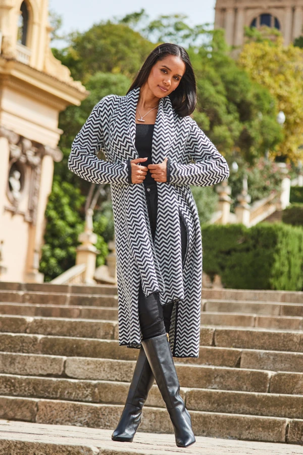 Black & White Herringbone Knit Longline Cardigan With Scarf 5 Black & White Herringbone Knit Longline Cardigan With Scarf - Image 3