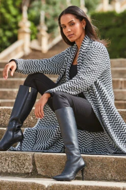 Black & White Herringbone Knit Longline Cardigan With Scarf
