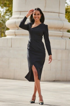 Black Asymmetric Neckline Pencil Dress With Button Detail -Winter Fashion Shop web 2309 94 a23dw093bk0001 94 083